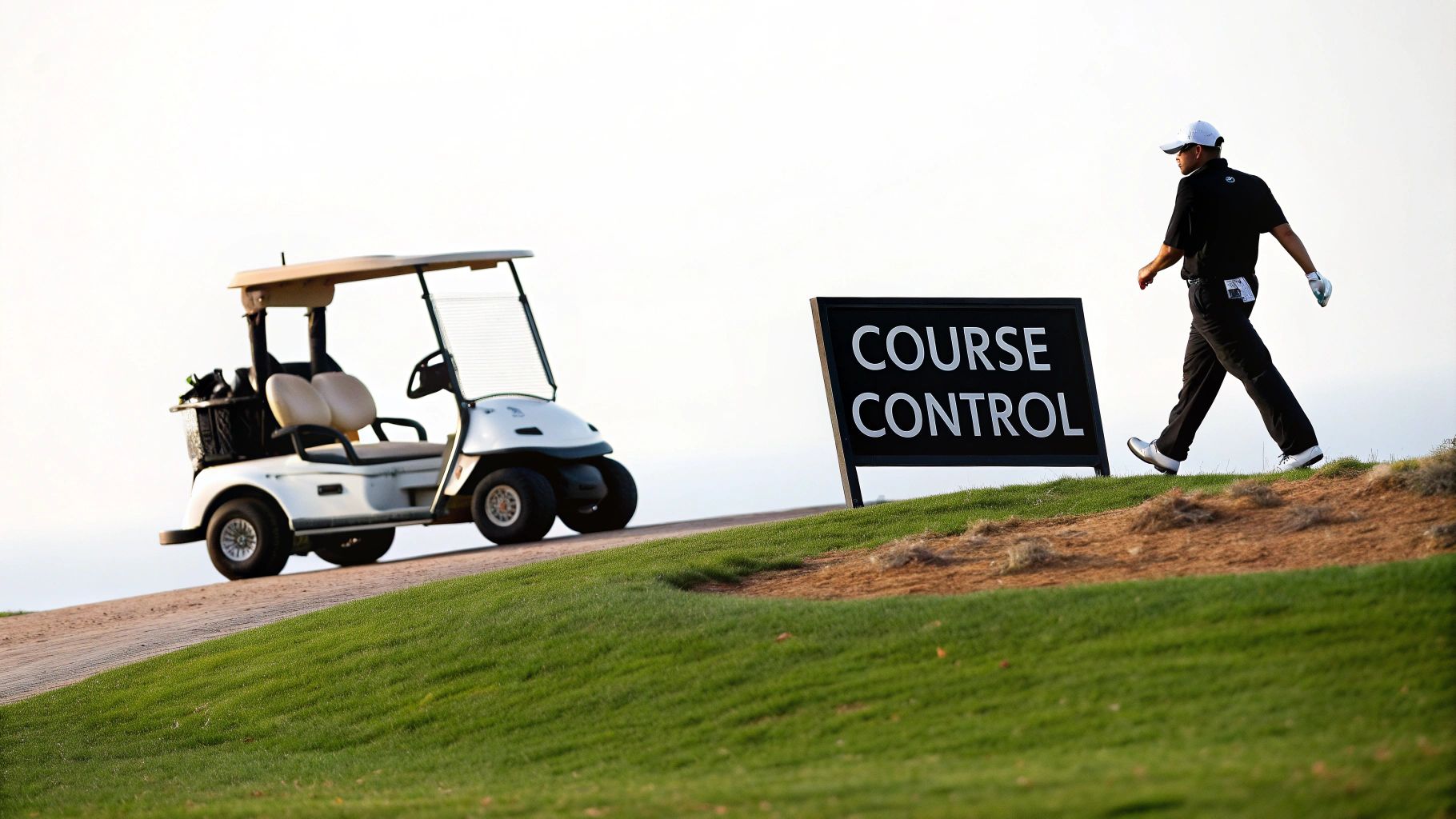 A golfer in black attire walks past a "COURSE CONTROL" sign and a golf cart.