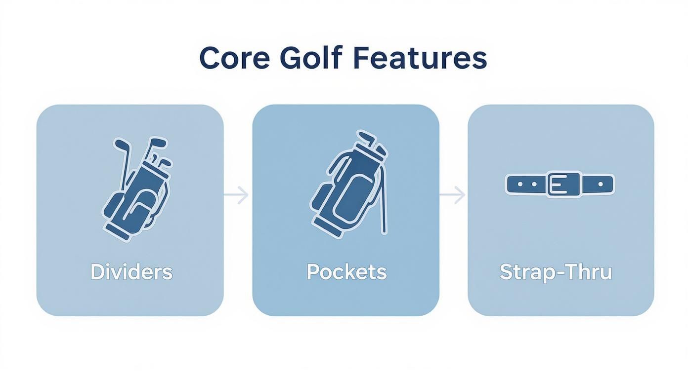 Three core golf bag features showing dividers, pockets, and strap-thru system with arrows connecting them