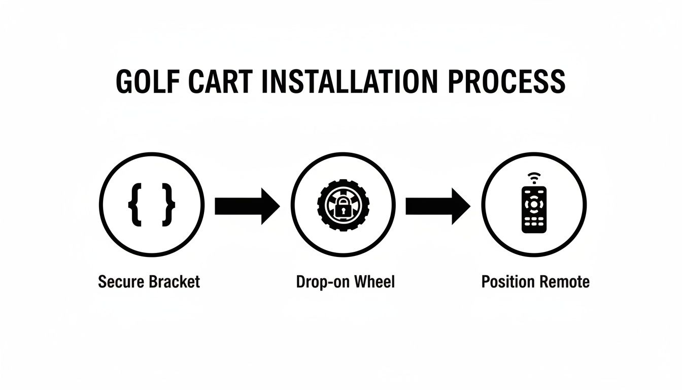 A diagram illustrates the golf cart installation process with steps: Secure Bracket, Drop-on Wheel, and Position Remote.
