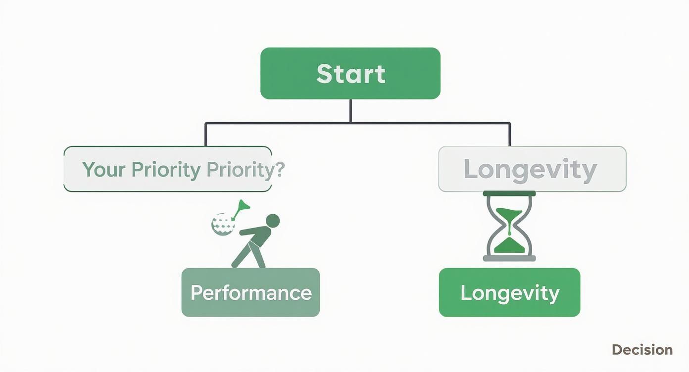 A flowchart illustrating the decision between prioritizing performance (golf ball) or longevity (hourglass).