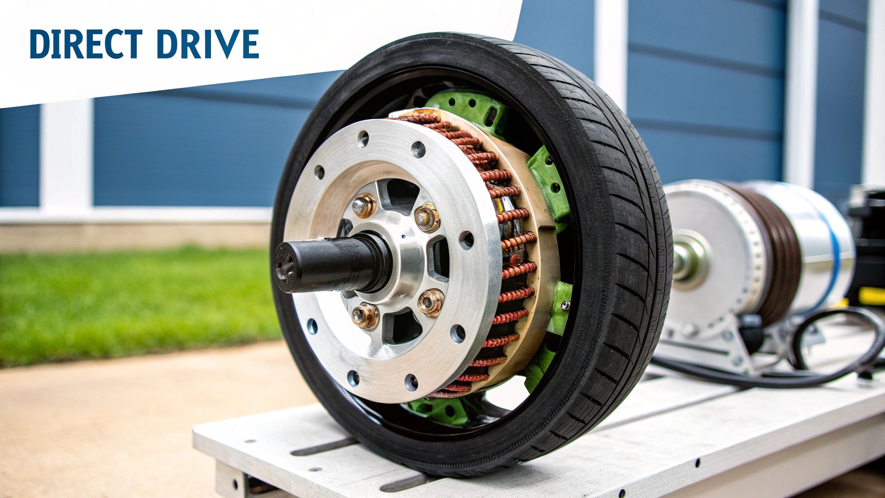 A close-up of a direct drive wheel hub motor kit with visible internal components and a tire.