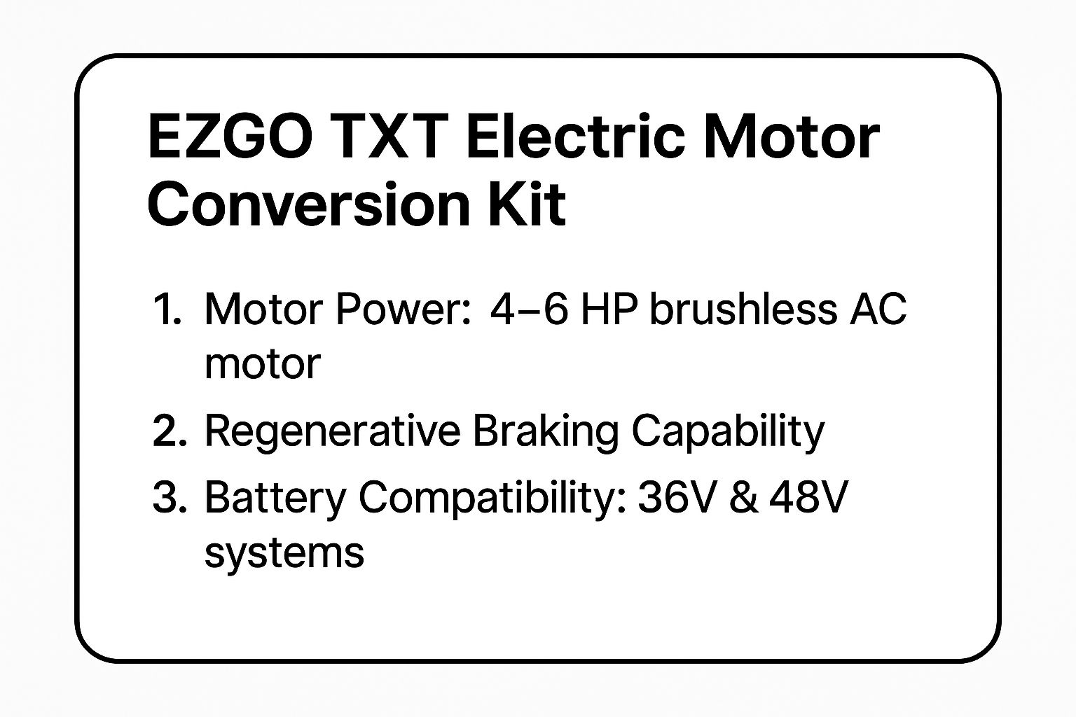 Infographic showing key data about EZGO TXT Electric Motor Conversion Kit