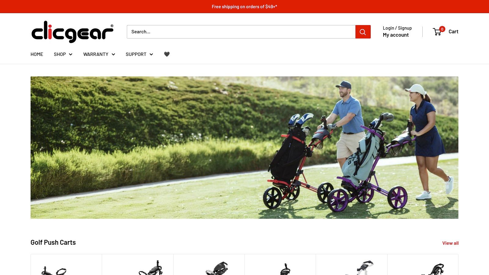 A lineup of Clicgear golf push carts on the Clicgear USA website