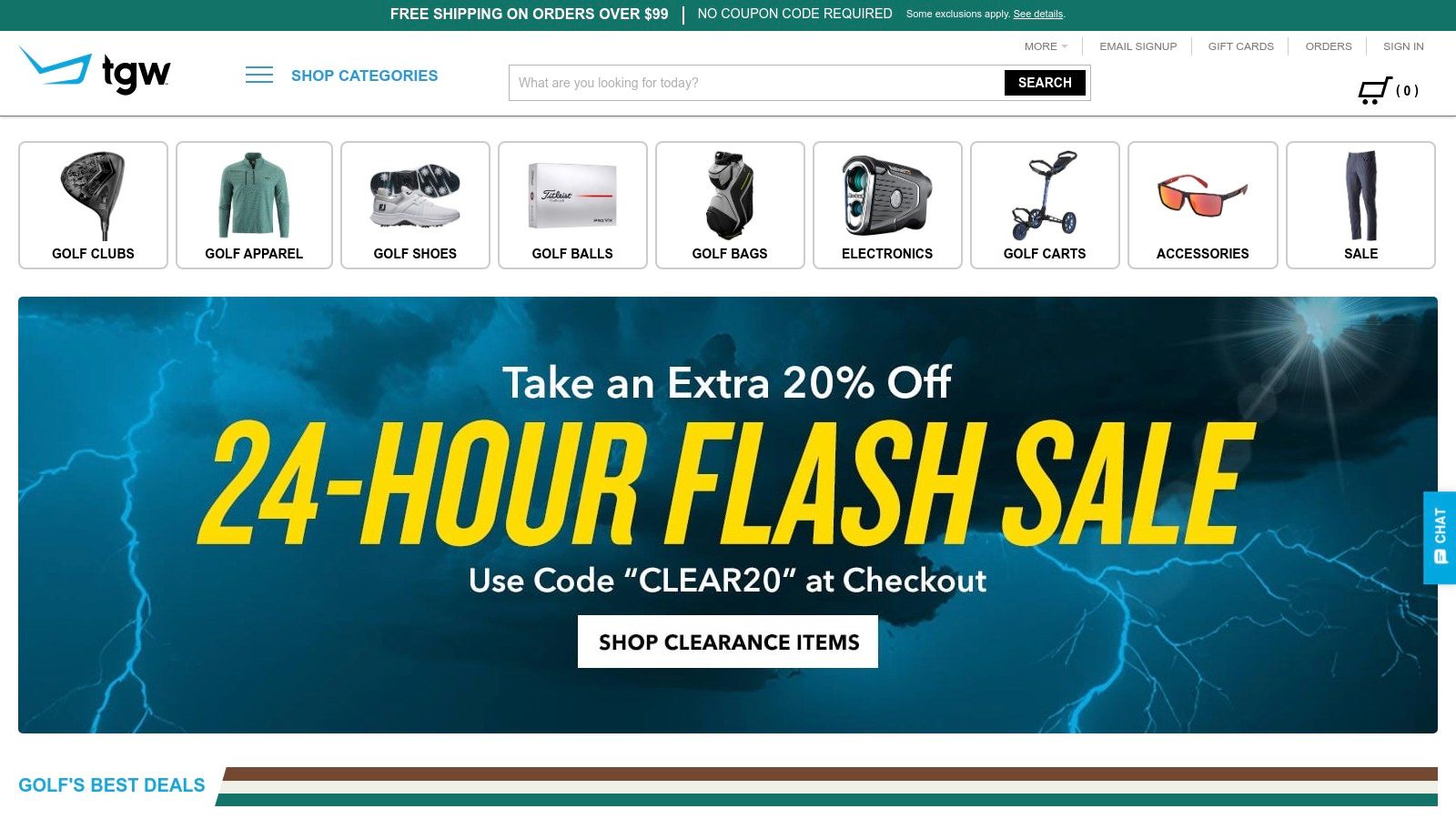 A promotional banner from TGW (The Golf Warehouse) advertising a sale on golf equipment