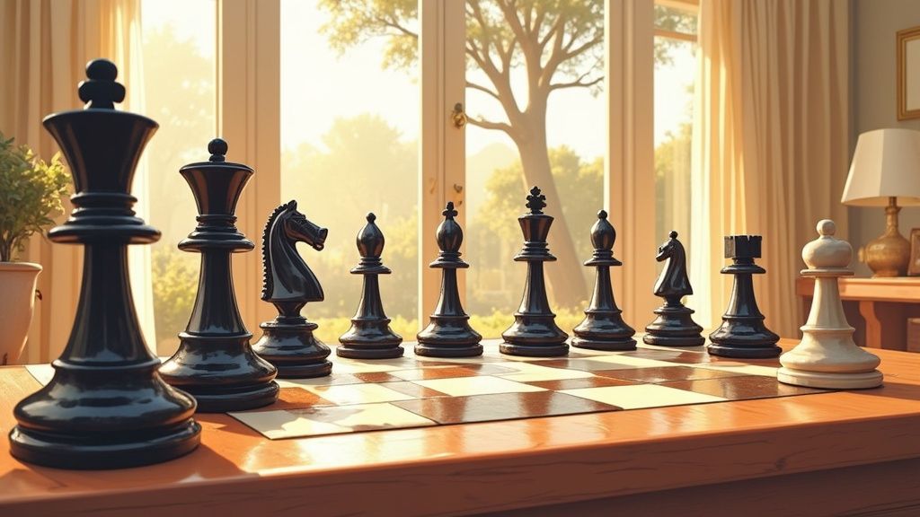 A close-up of a luxury chess set on a wooden table with sunlight streaming in.