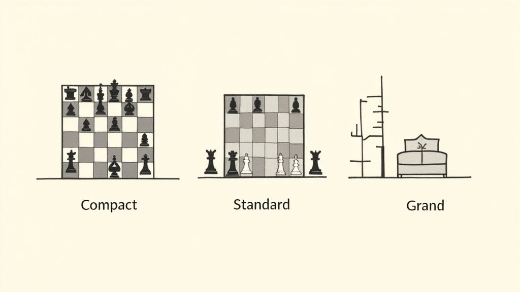 Illustrations comparing Compact and Standard chess board layouts with a 'Grand' bed and a tall structure.