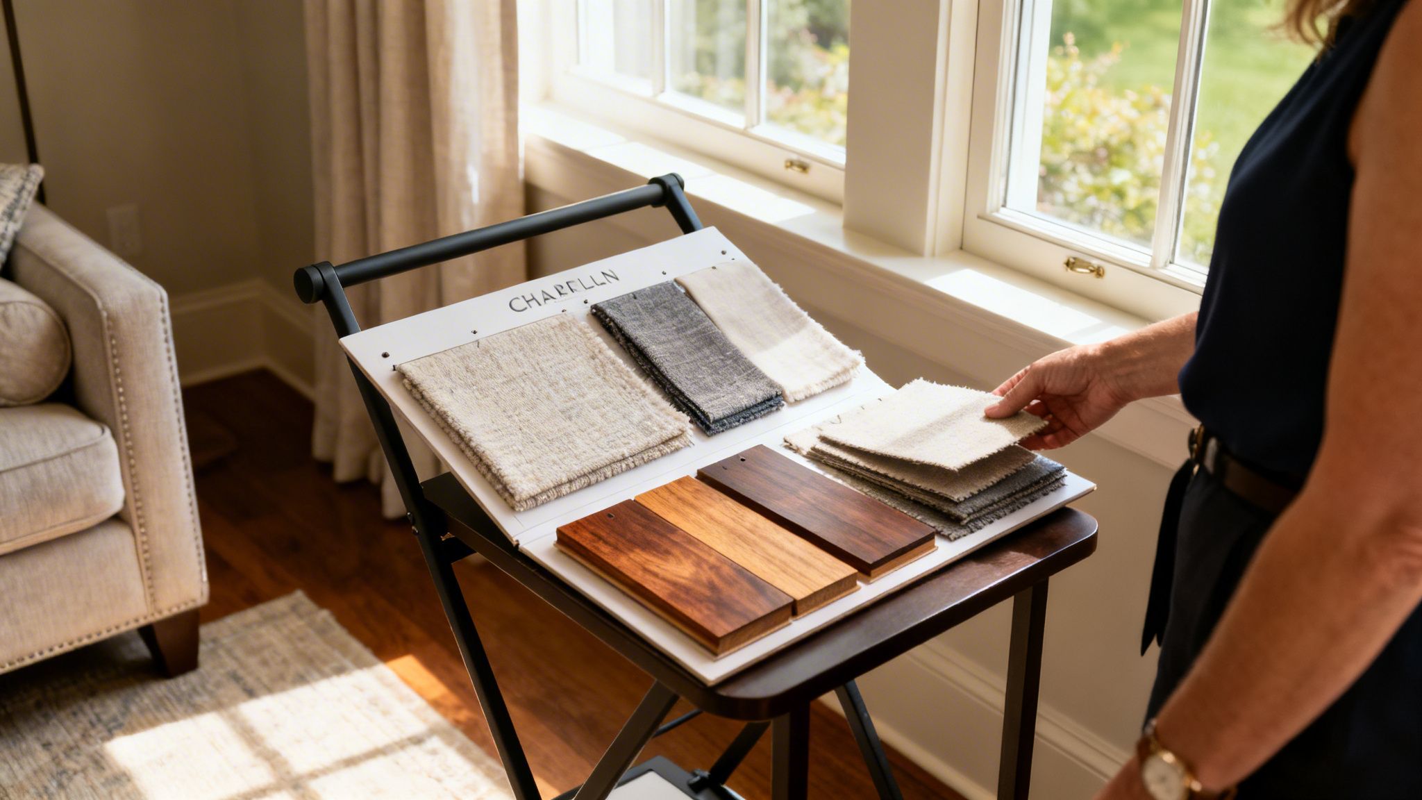 a person's hand selecting fabric samples from a display stand with wood swatches by a sunny window.