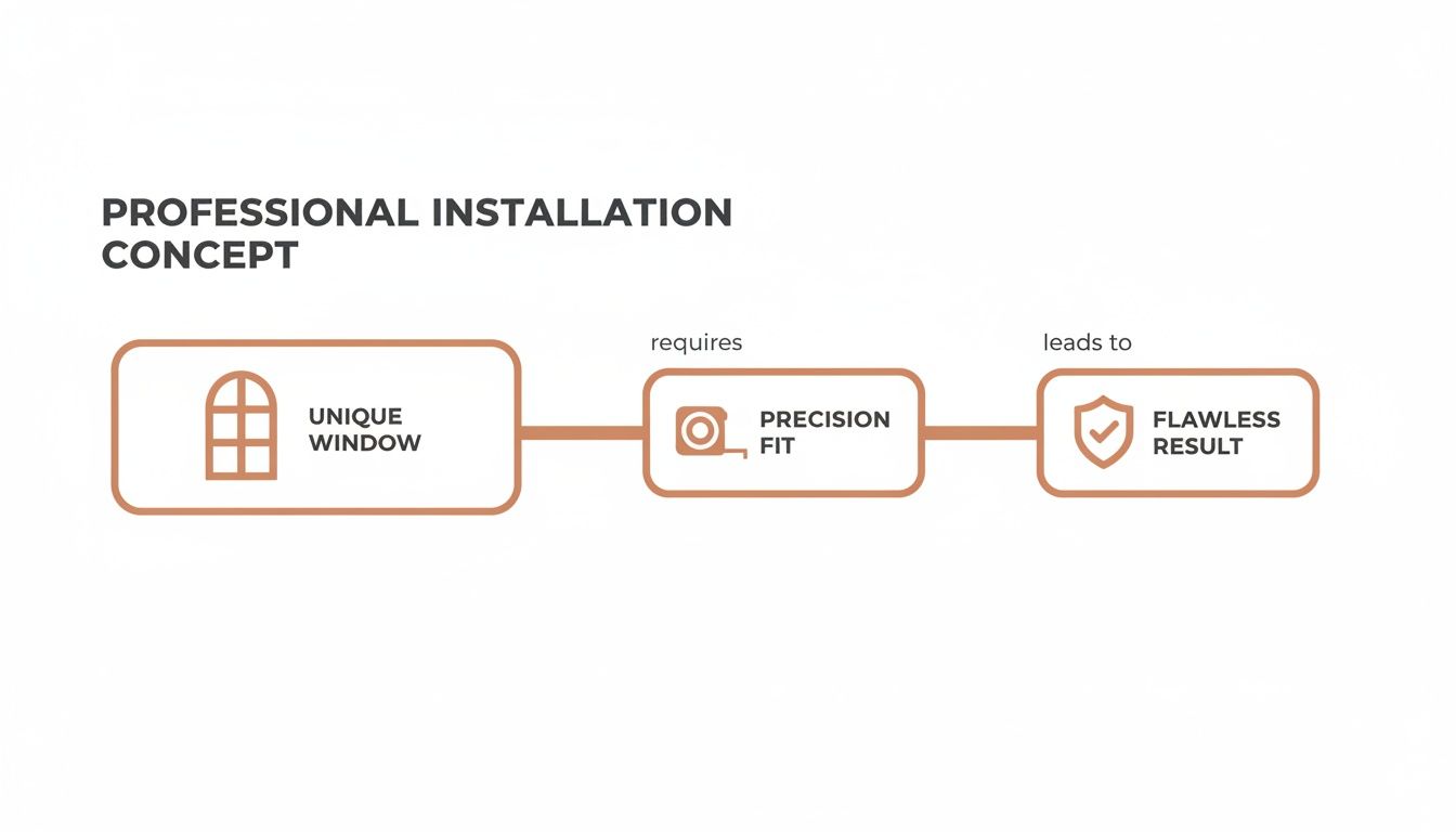 flowchart illustrating the professional installation concept: unique window, precision fit, and flawless result.