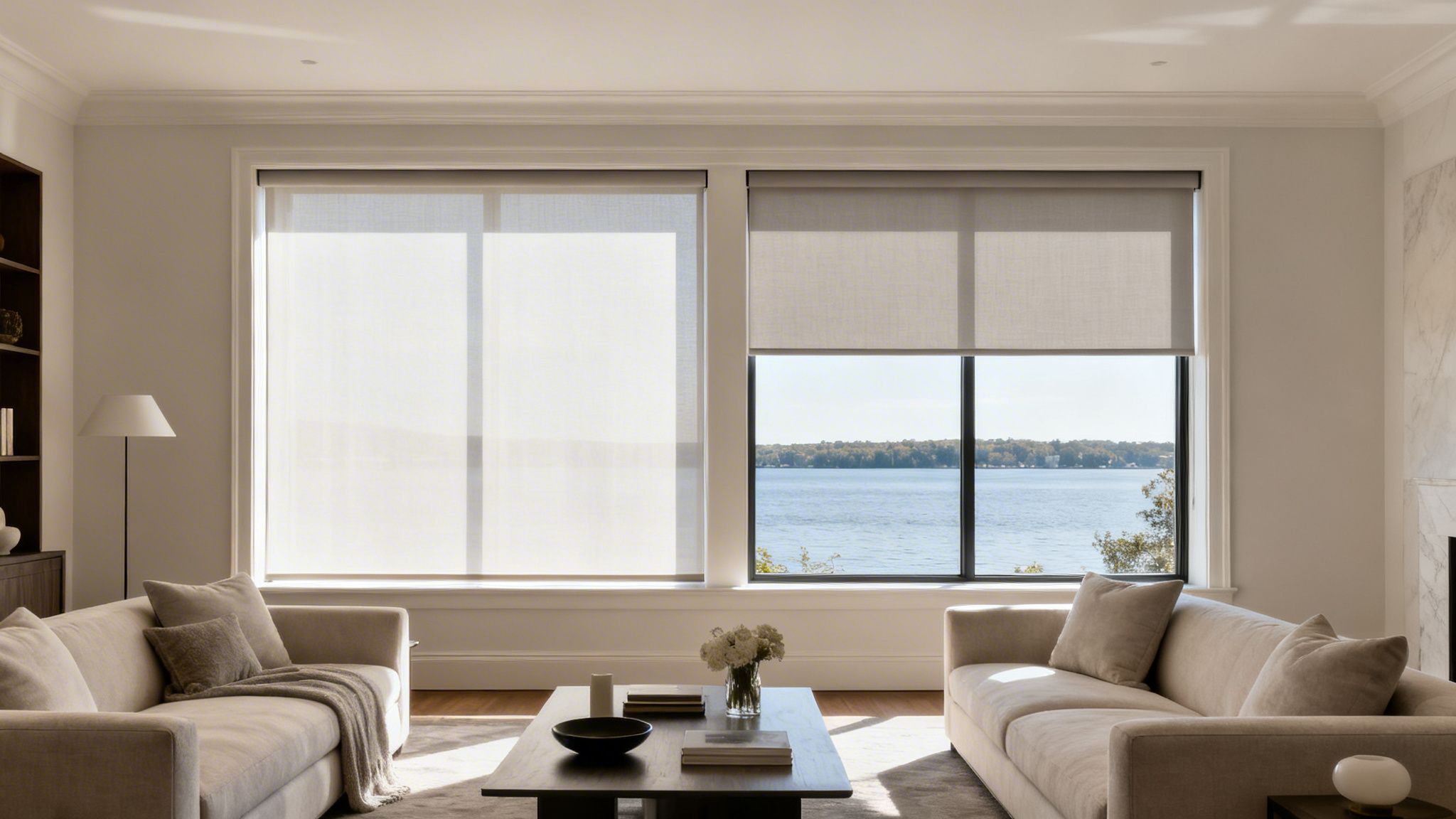 modern living room with sheer and blackout roller shades overlooking a beautiful lake.