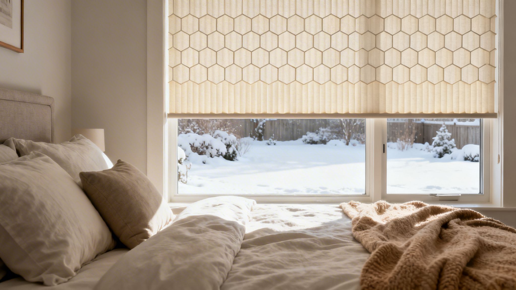 cozy bedroom with a bed, white linens, and a window revealing a snowy backyard. a honeycomb cellular shade is drawn.