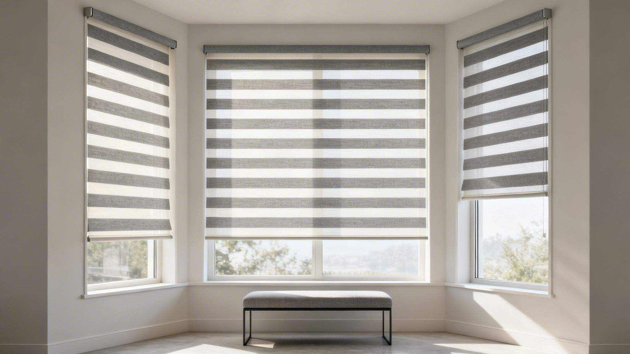modern grey and white striped zebra blinds covering a bay window with a bench.