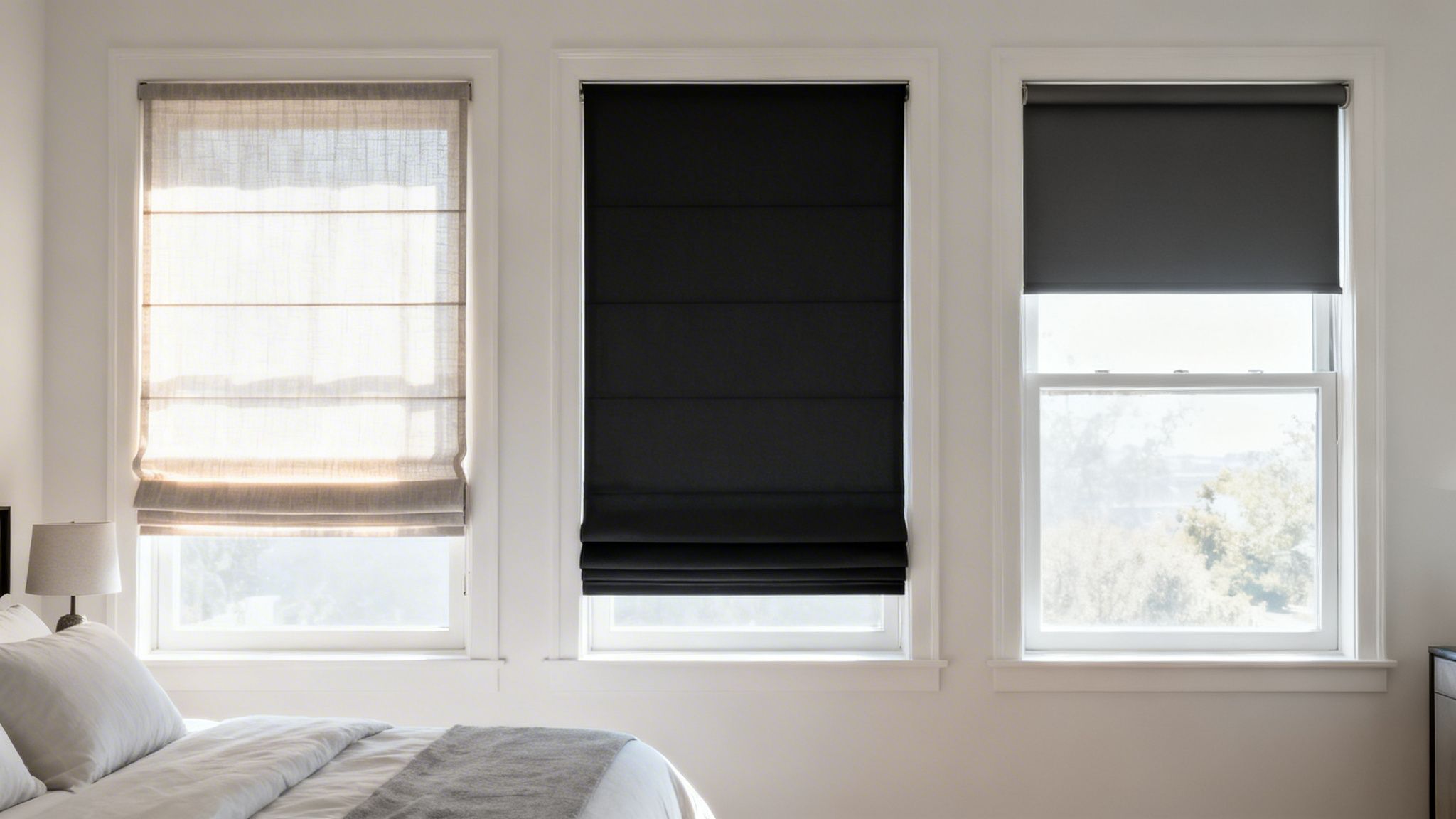 three windows display a light roman shade, a dark roman shade, and a dark roller shade.