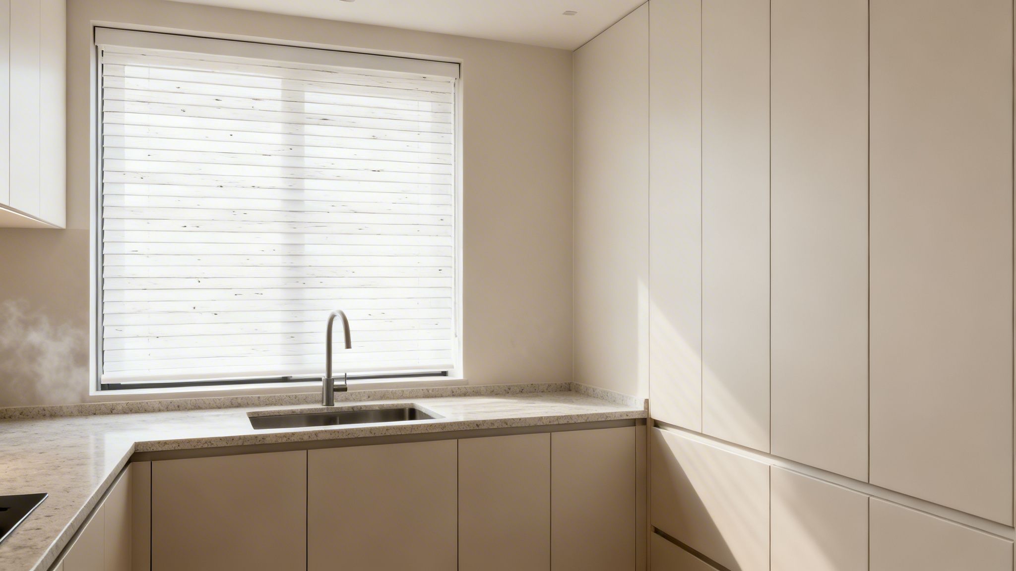 Westchester Window Fashions | Wood Blinds vs. Faux Wood Blinds: A Westchester Design Guide modern kitchen with beige cabinets, a sink under a window with white blinds, and a light granite countertop.