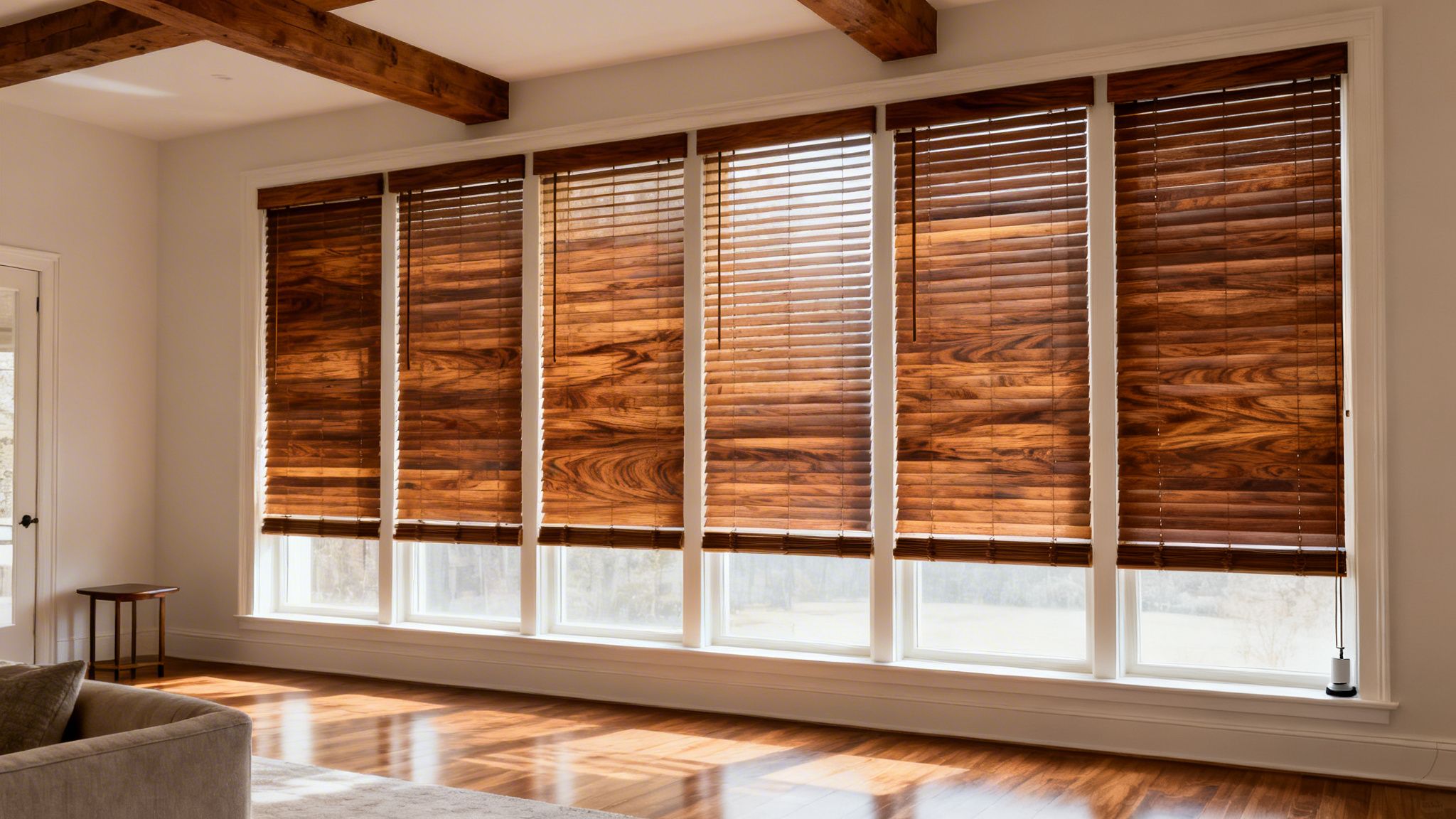 Westchester Window Fashions | Wood Blinds vs. Faux Wood Blinds: A Westchester Design Guide a living room featuring dark wood blinds on large windows, with wooden ceiling beams and polished floors.