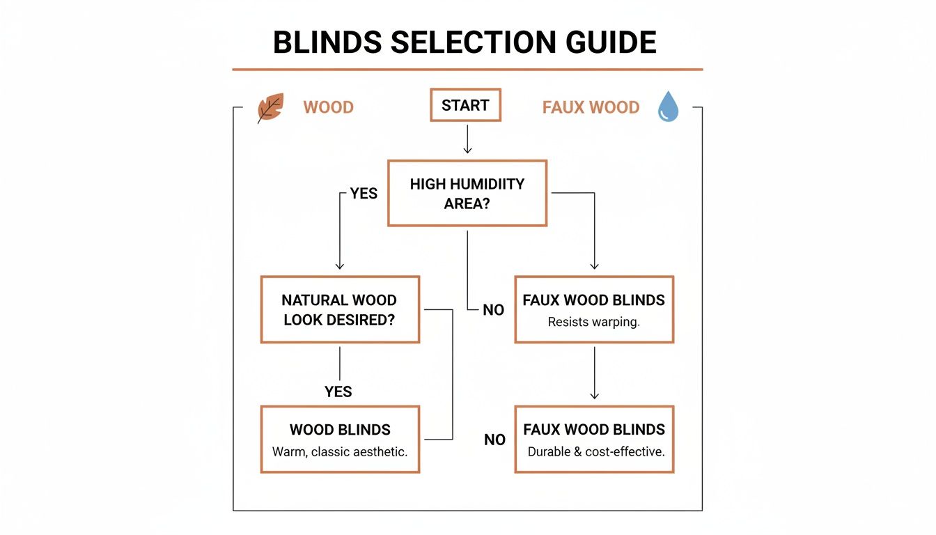 Westchester Window Fashions | Wood Blinds vs. Faux Wood Blinds: A Westchester Design Guide flowchart guiding the selection of wood or faux wood blinds based on humidity and desired aesthetic.
