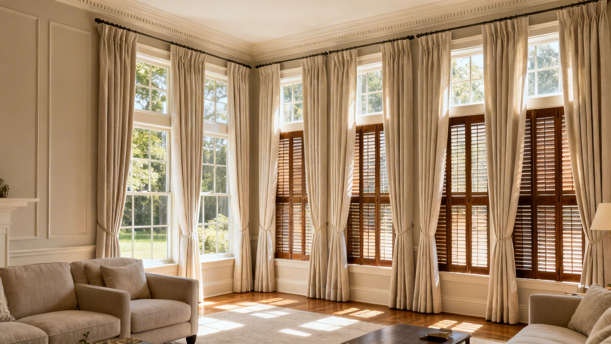 a bright living room with elegant neutral curtains, wooden plantation shutters, and light-colored sofas.