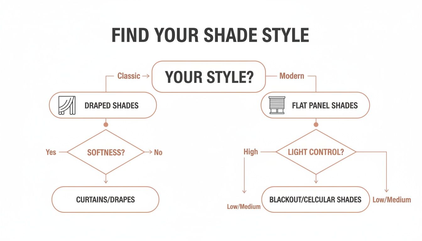 flowchart guiding users to find their ideal shade style, comparing classic draped options with modern flat panel shades.