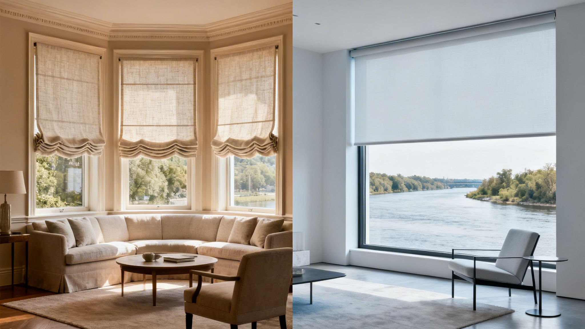 two rooms showcasing roman shades in a classic bay window and a modern roller shade overlooking a river.