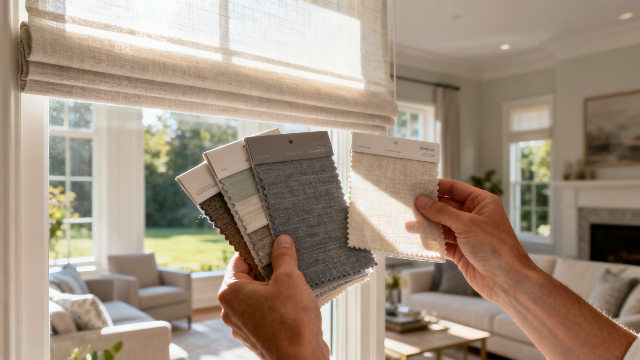 hands hold various fabric swatches, comparing them against an installed window shade in a sunlit living room.