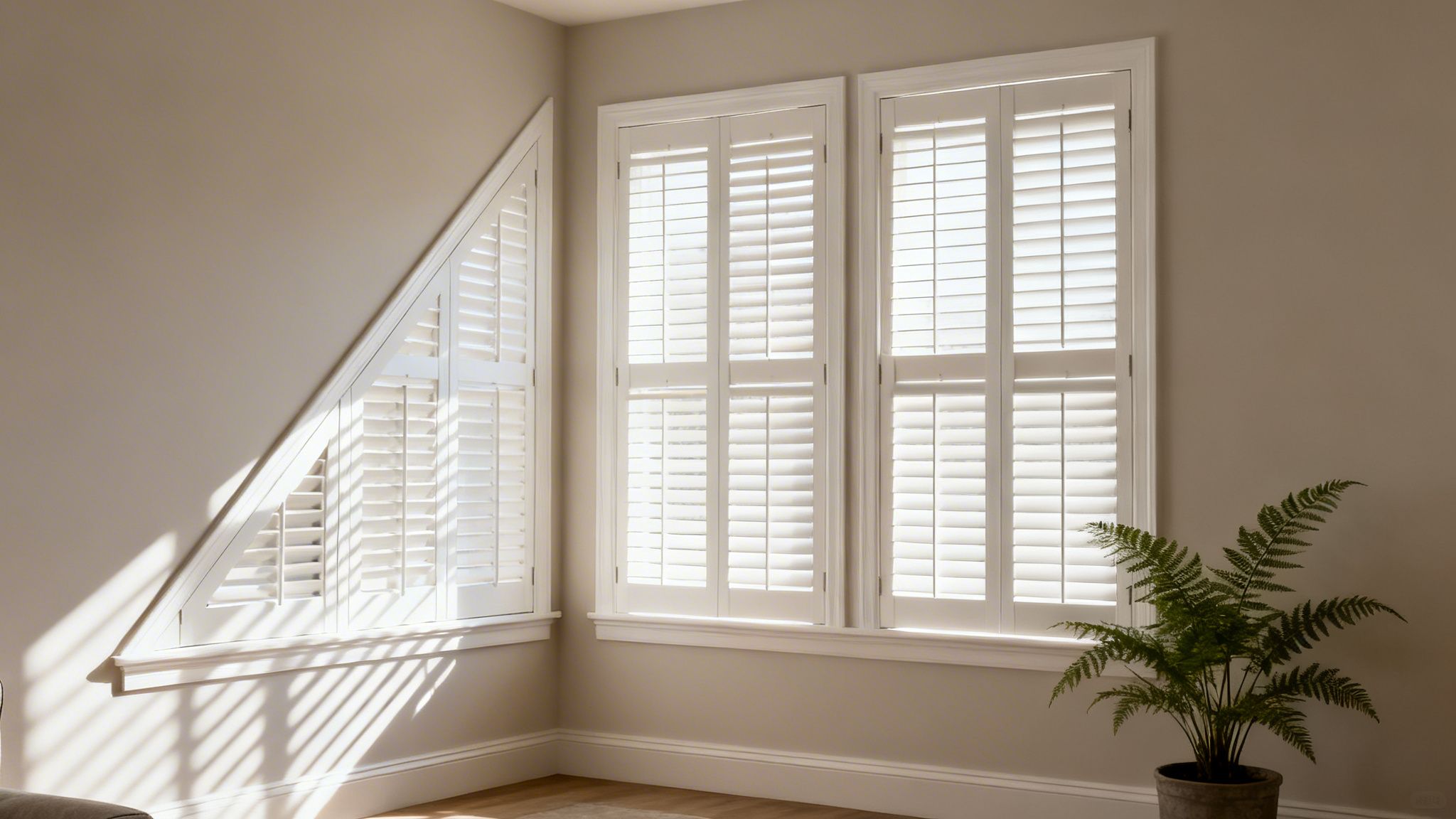 white plantation shutters on a triangular window and two rectangular bay windows in a sunny room.