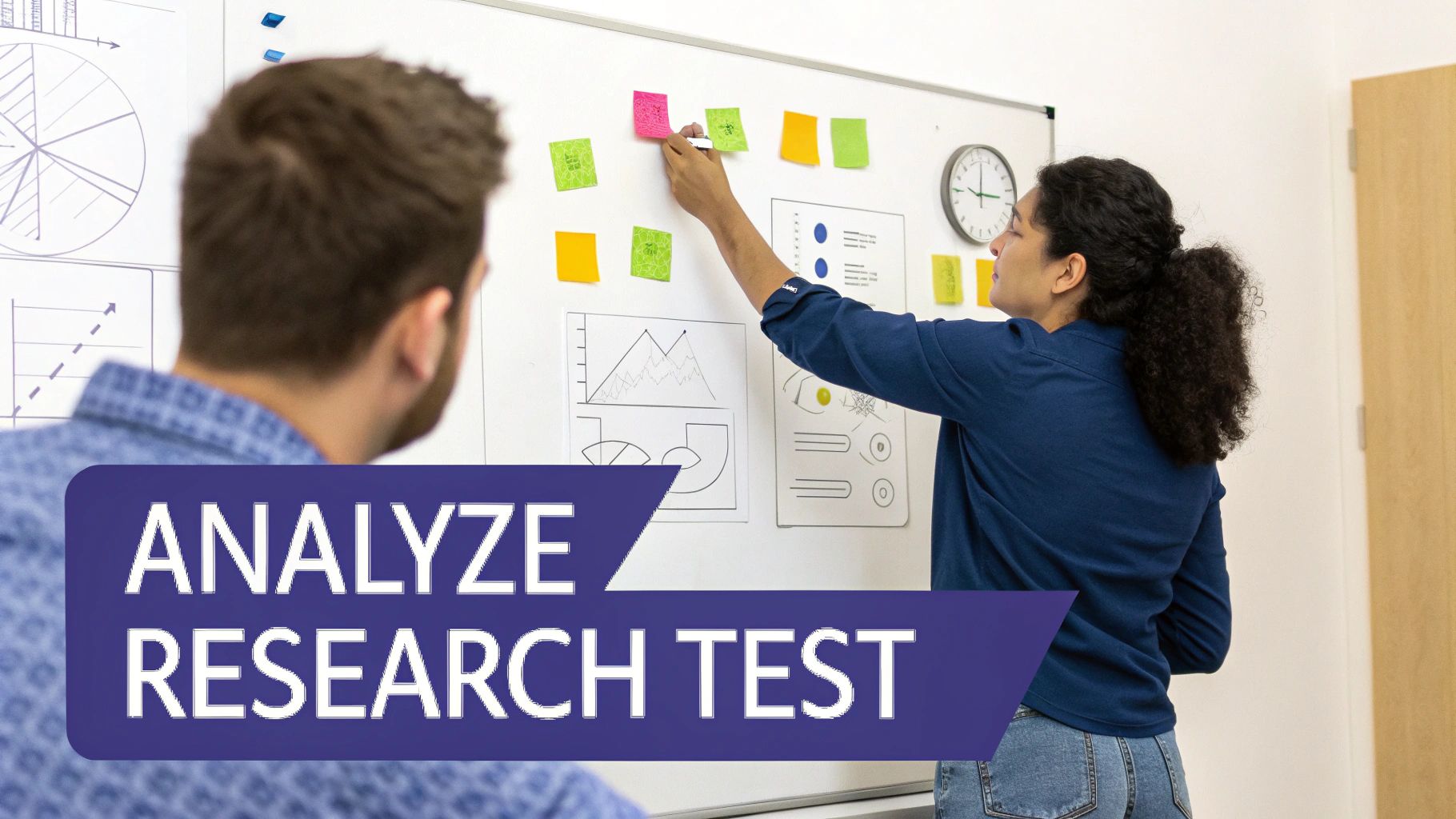 Two people brainstorming with sticky notes and charts on a whiteboard during a meeting.