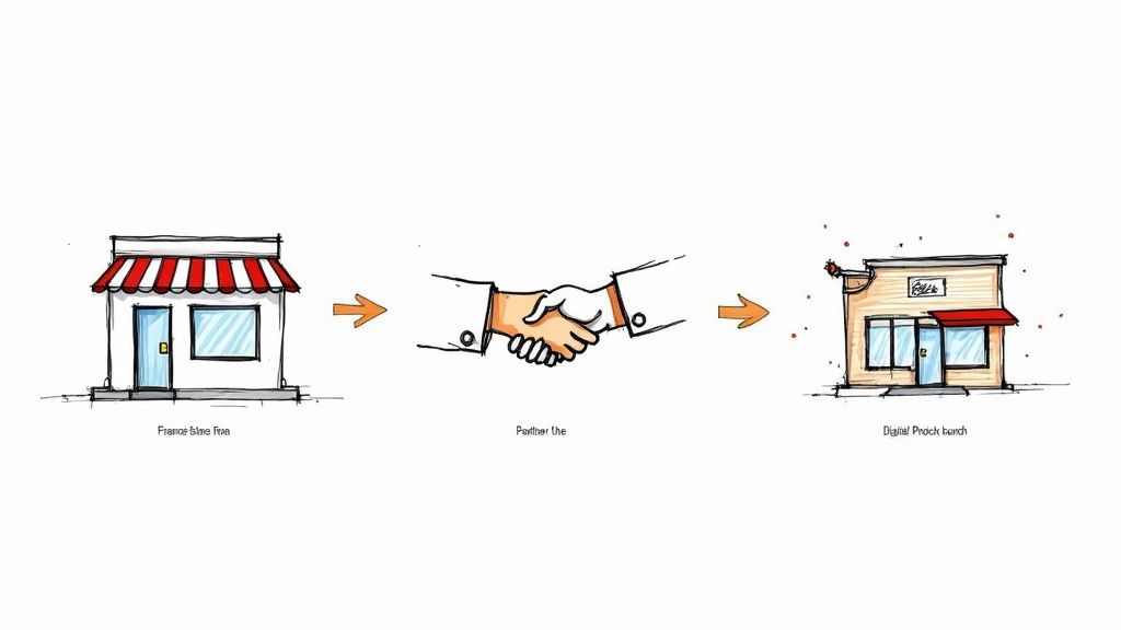 A bustling international city street, representing a market entry strategy in action.