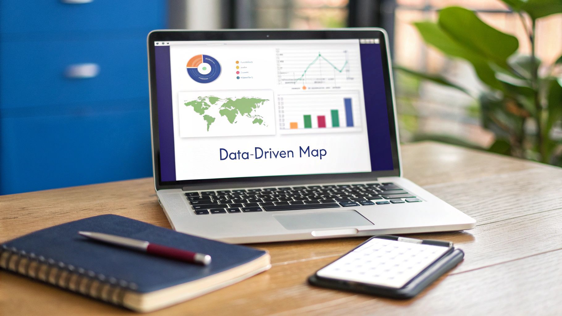 Data-driven map and business intelligence dashboard displayed on a laptop screen with a notebook.