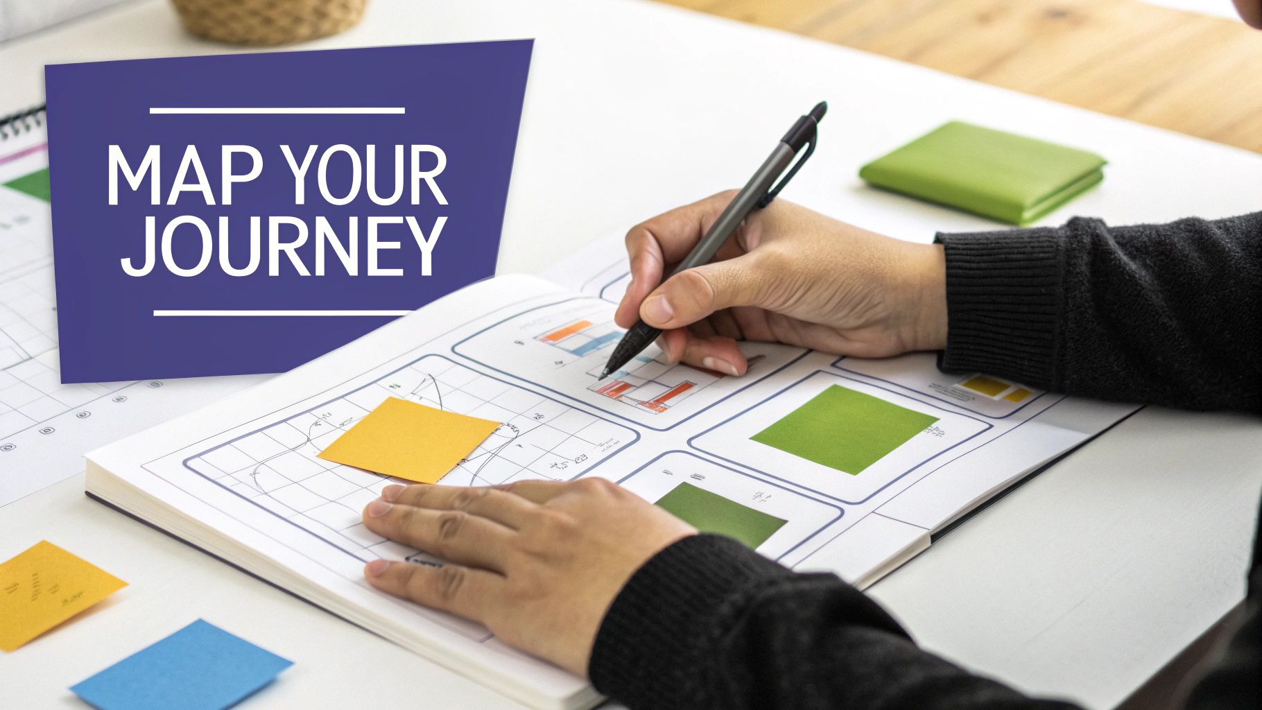 Hands write on a notebook, mapping a journey with charts and sticky notes on a desk.