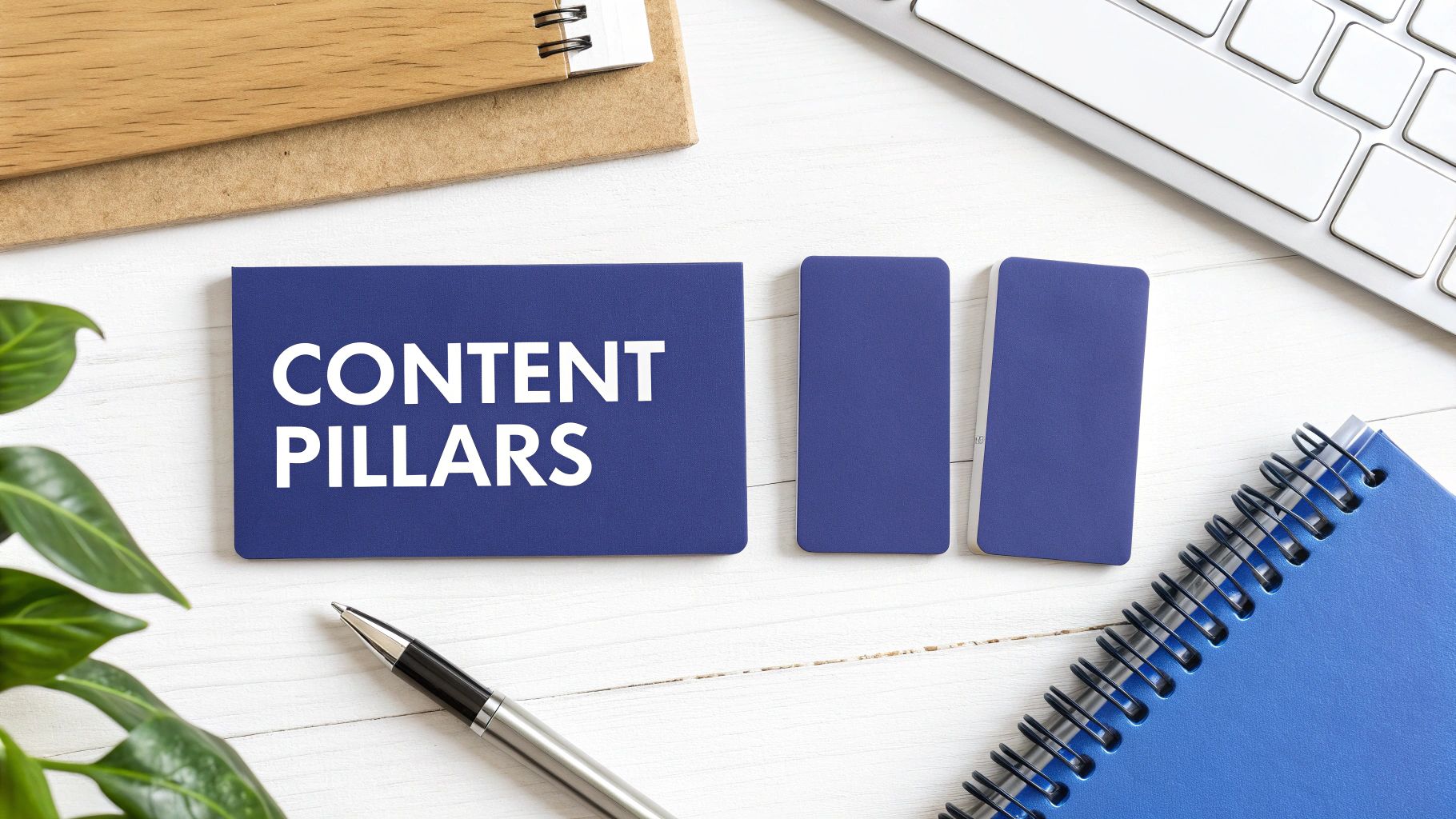 Overhead view of 'CONTENT PILLARS' card, blank cards, pen, notebook, and keyboard on a white desk.