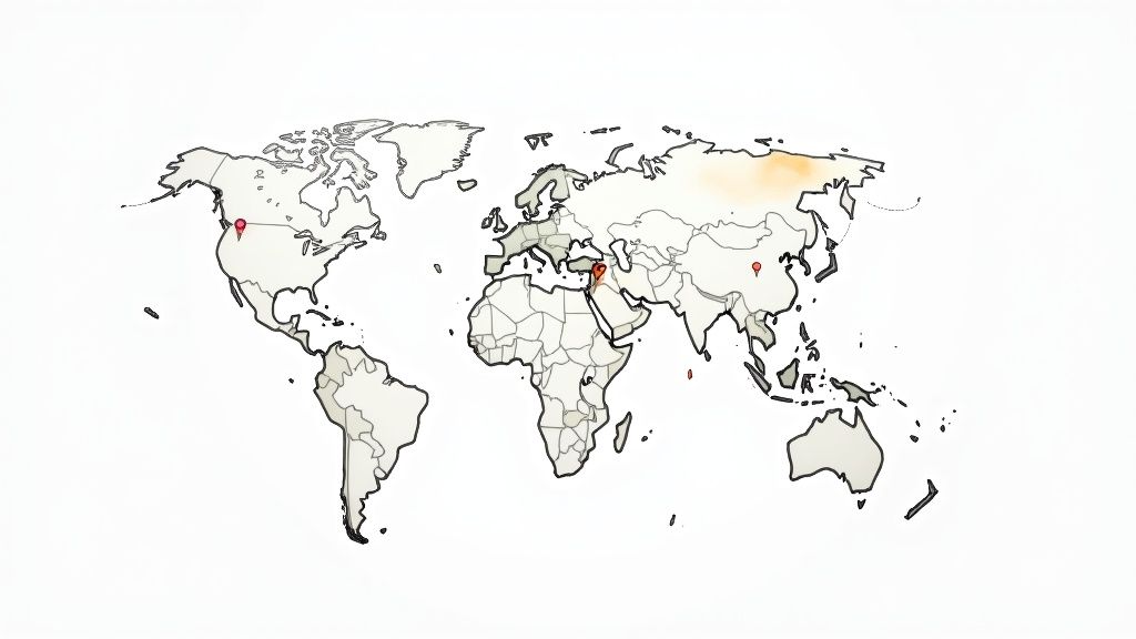A world map with interconnected points, signifying global business and localization strategies.