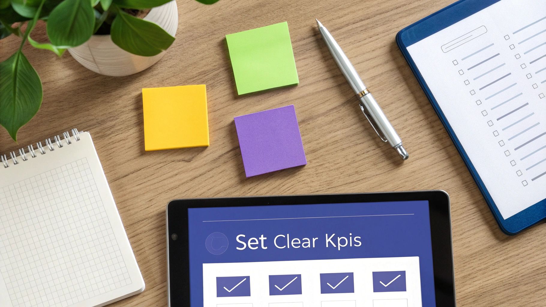A flat lay desk setup with a tablet displaying 'Set Clear KPIs', colorful sticky notes, a pen, and a checklist.