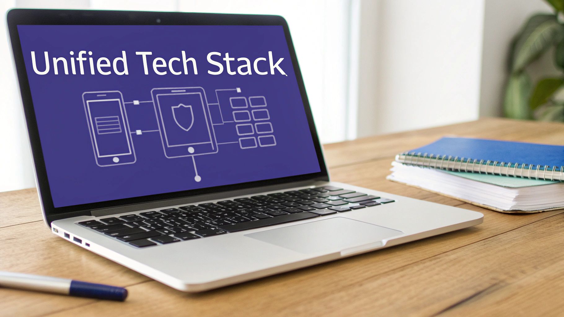 A laptop displaying 'Unified Tech Stack' with interconnected device diagrams on a wooden desk.