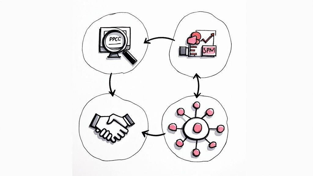 A digital marketing team collaborating on a campaign strategy displayed on a screen.