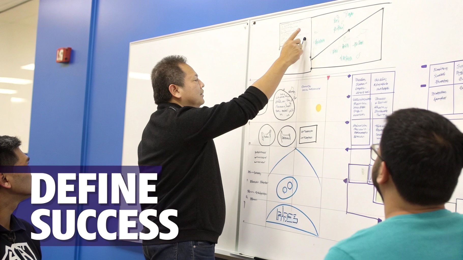 A man points at a whiteboard during a business meeting, defining success with his team.