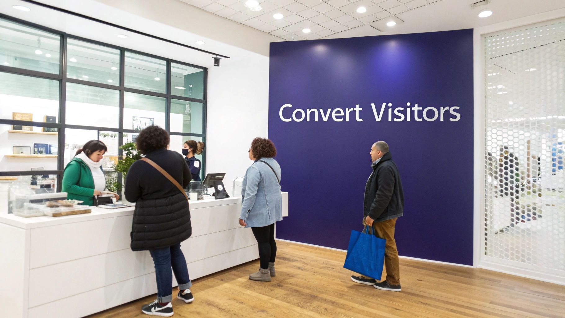 Customers and employees interacting at a modern store, with a prominent 'Convert Visitors' sign on a blue wall.