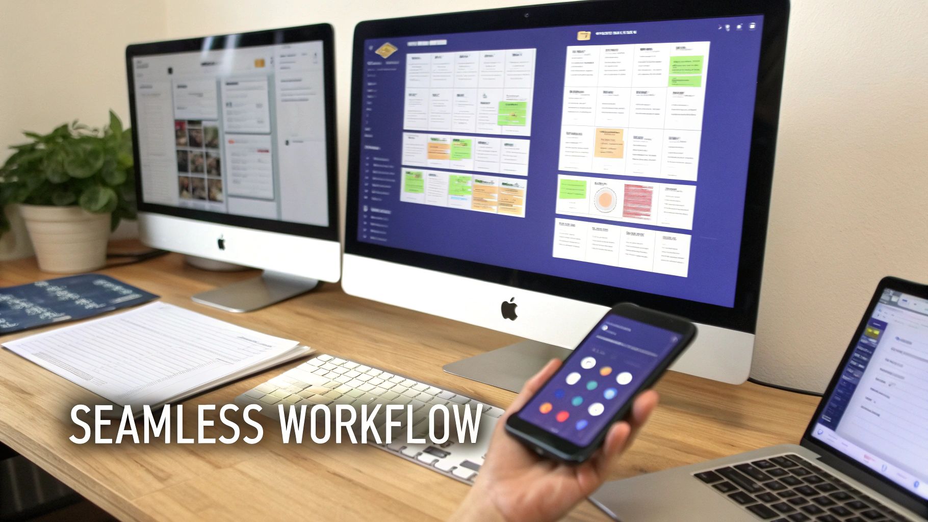 A modern workspace with two iMacs, a laptop, and a smartphone showcasing a seamless digital workflow.