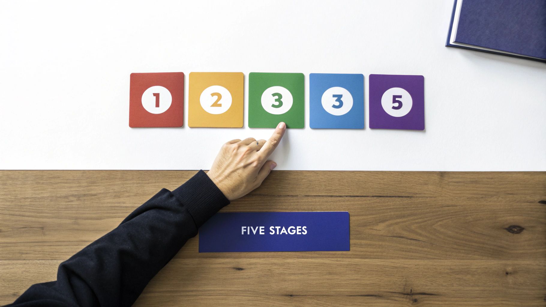 A hand points to the green square with number three in a sequence of five numbered stages.