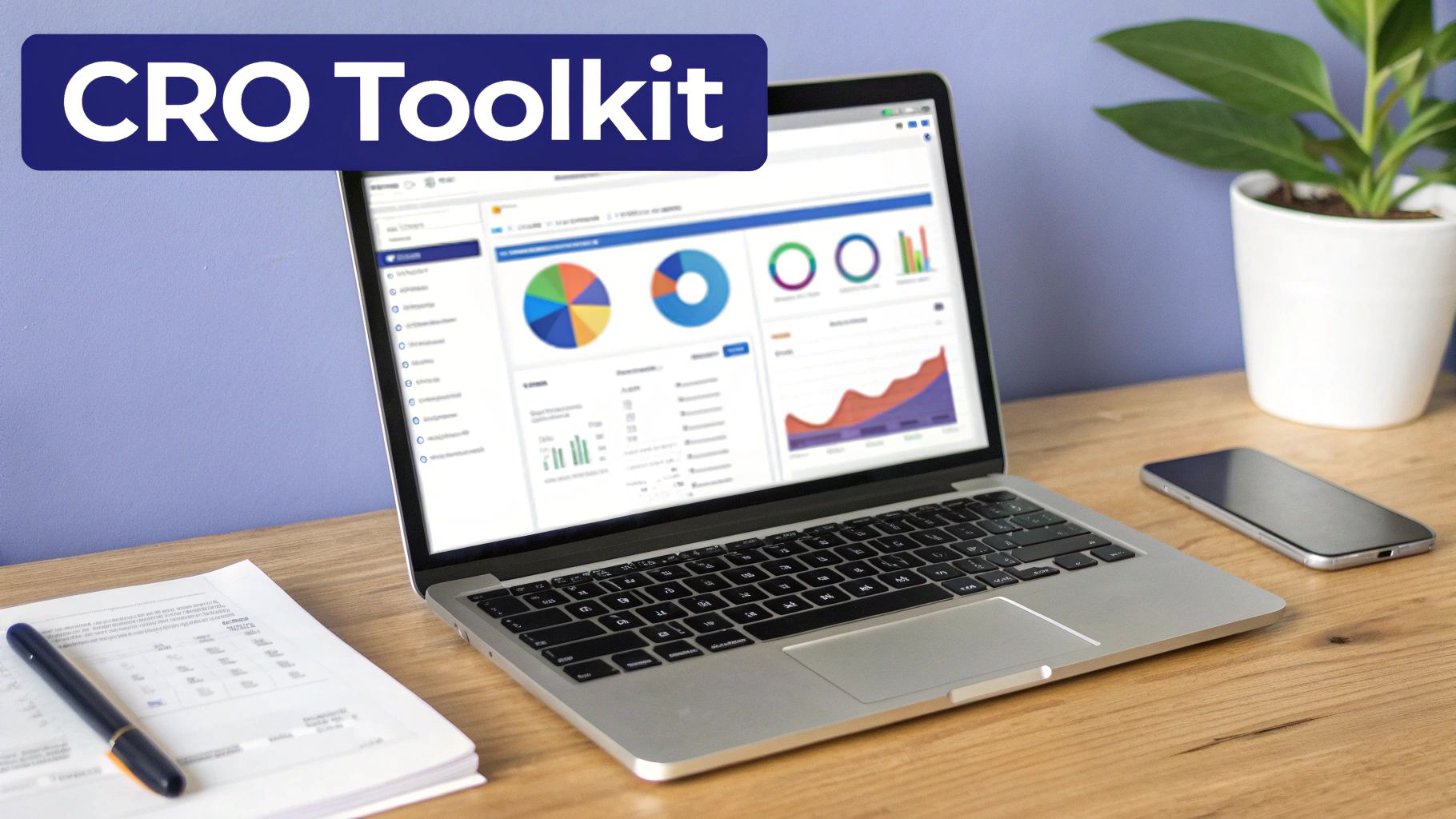 A laptop displaying a CRO Toolkit dashboard with charts, graphs, a phone, and documents on a wooden desk.