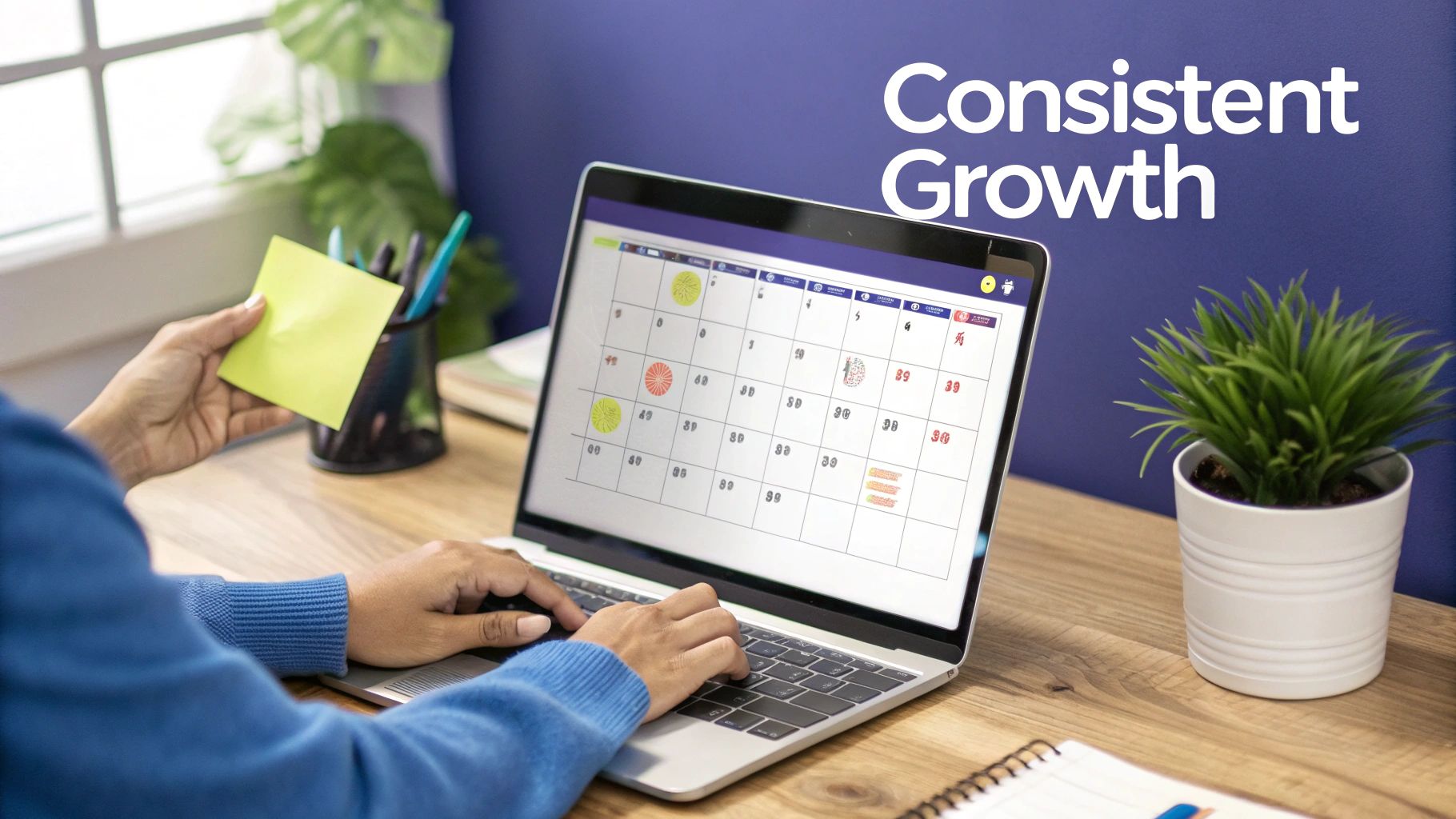 A person uses a laptop displaying a a content calendar, holding a sticky note for planning.