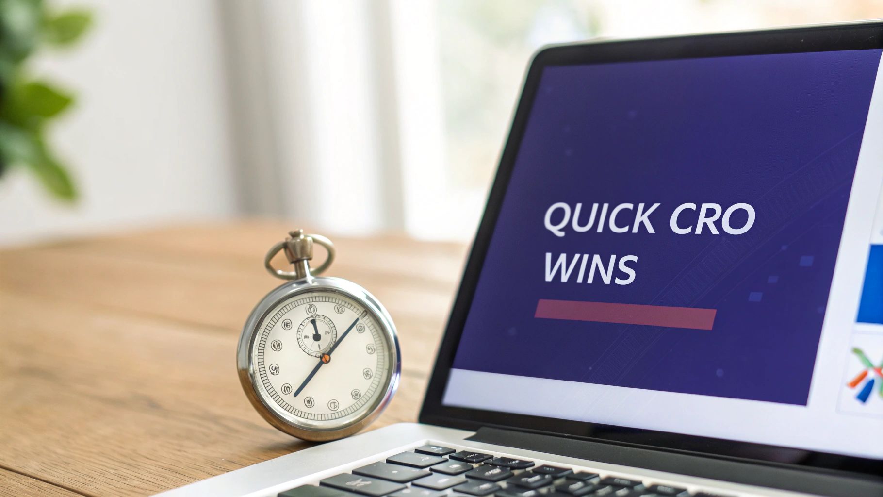A stopwatch on a wooden desk next to a laptop displaying 'QUICK CRO WINS' on its screen.