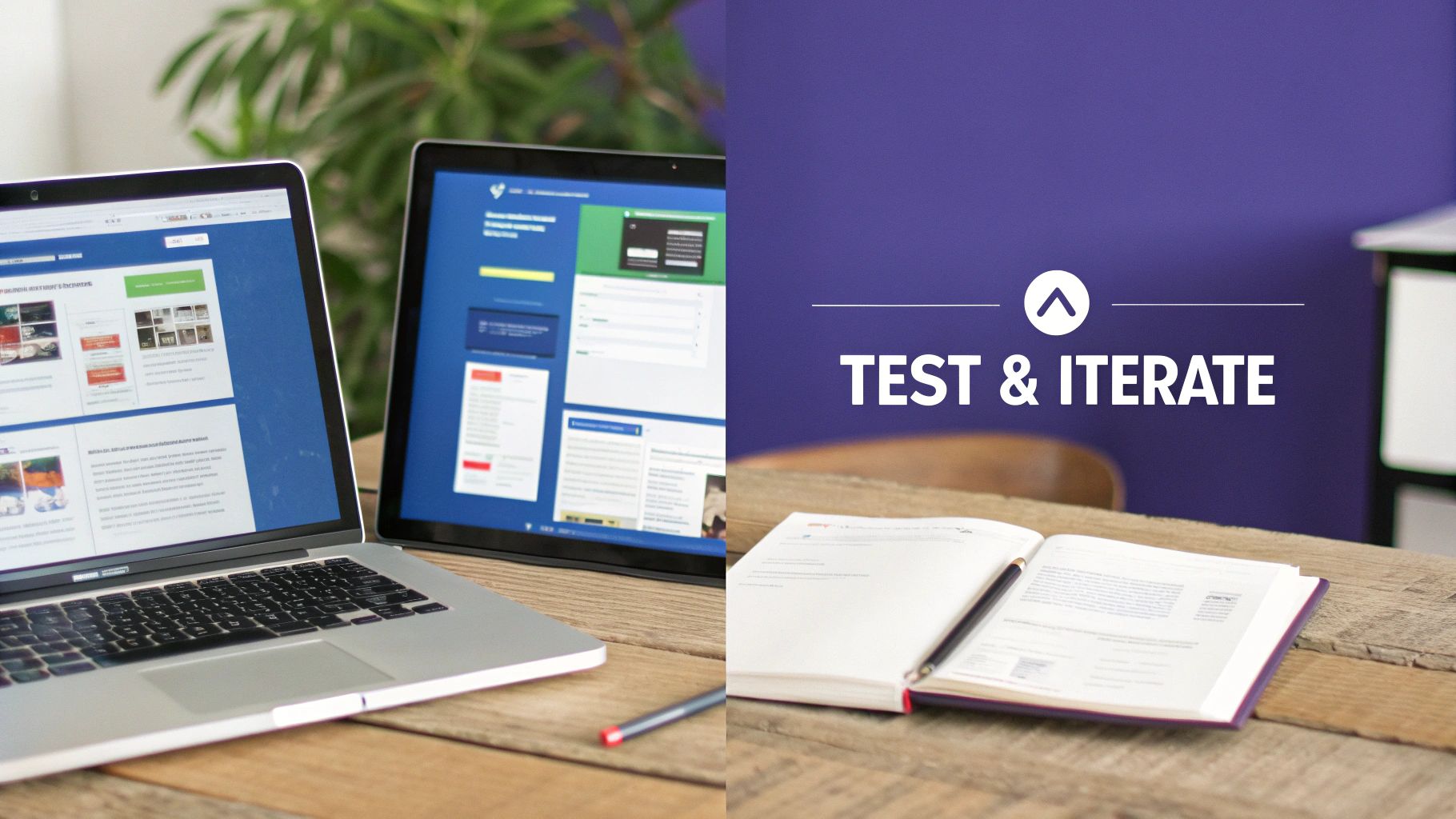 Laptop and tablet displaying web pages, with 'TEST & ITERATE' text and an open notebook.