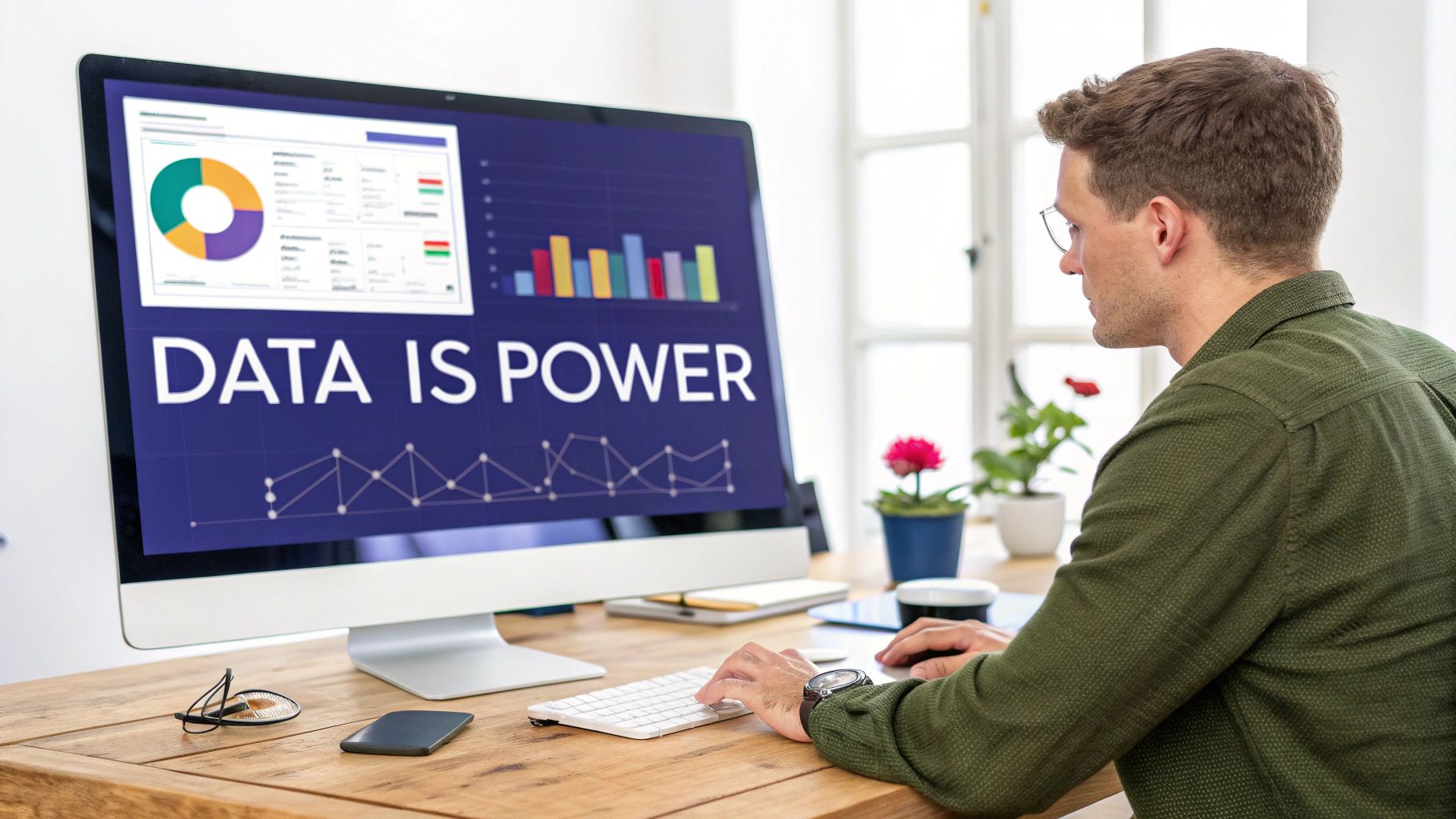 A man working on a computer displaying "DATA IS POWER" with charts and graphs, emphasizing data analysis.