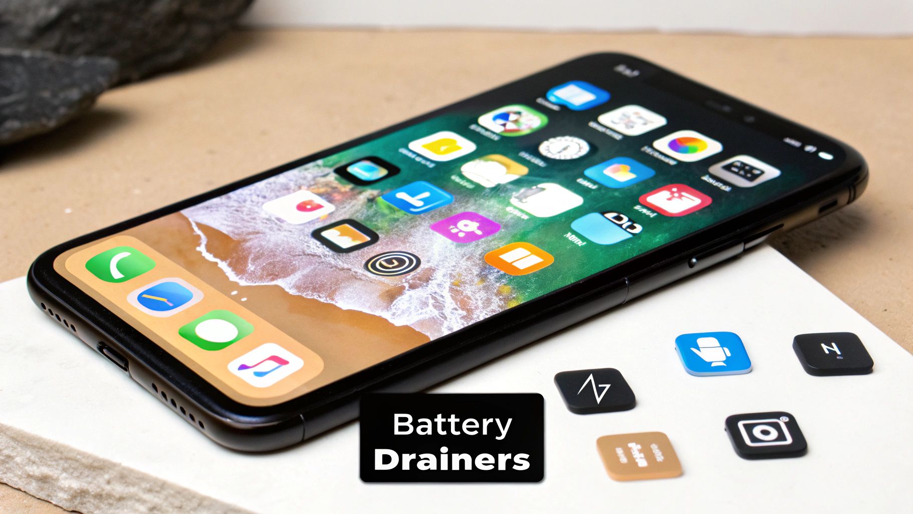 A magnifying glass hovering over an iPhone screen, focusing on app icons.