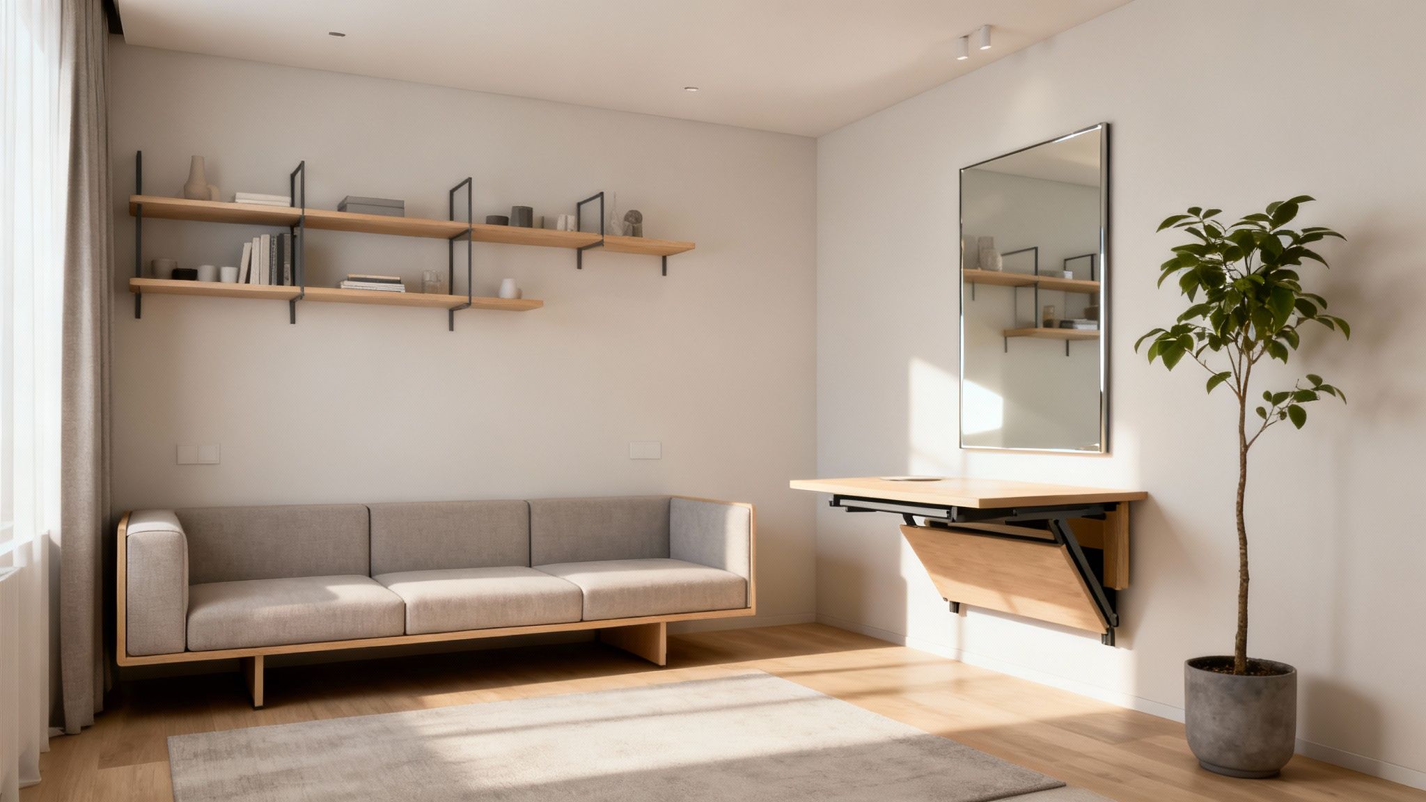 A bright, modern living room featuring a compact grey sofa and a multi-level coffee table, demonstrating space-saving furniture.