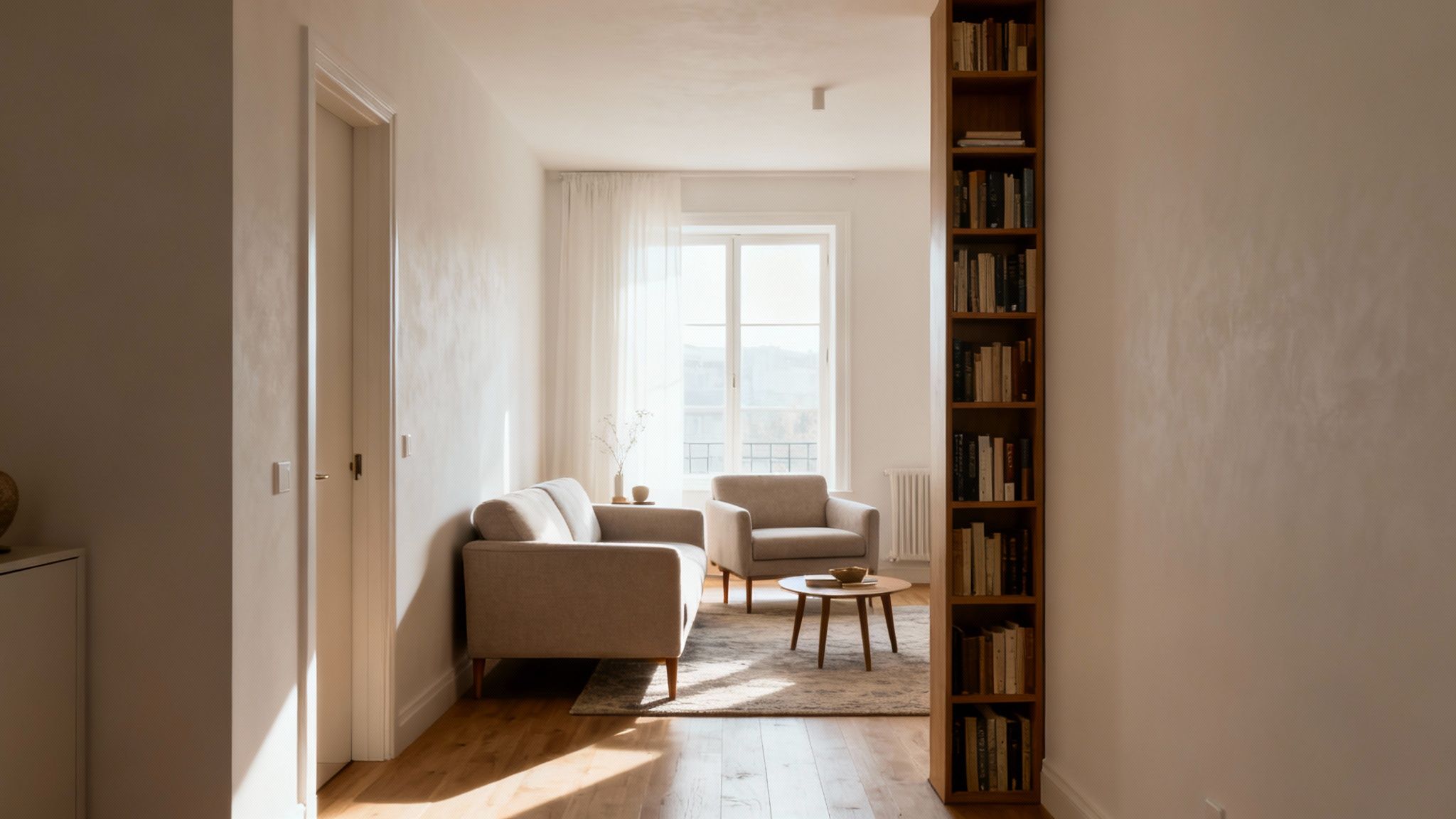 A well-arranged living room with a sofa pulled slightly away from the wall, showing clear pathways and vertical shelving.