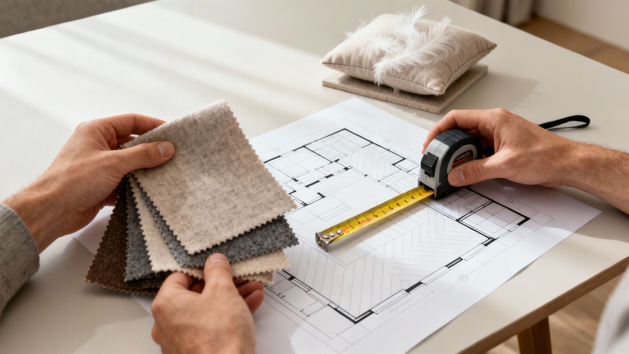 A woman measuring her living room for a new modular sofa