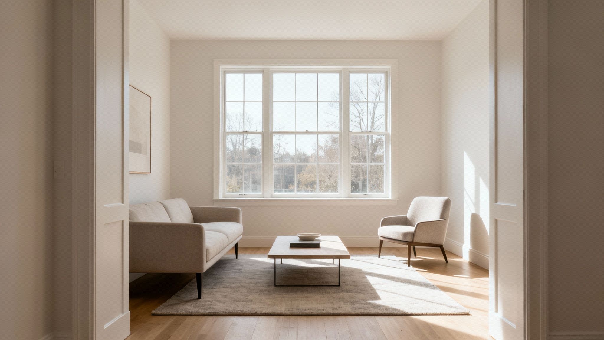 A well-arranged small living room with a sofa, coffee table, and accent chairs.