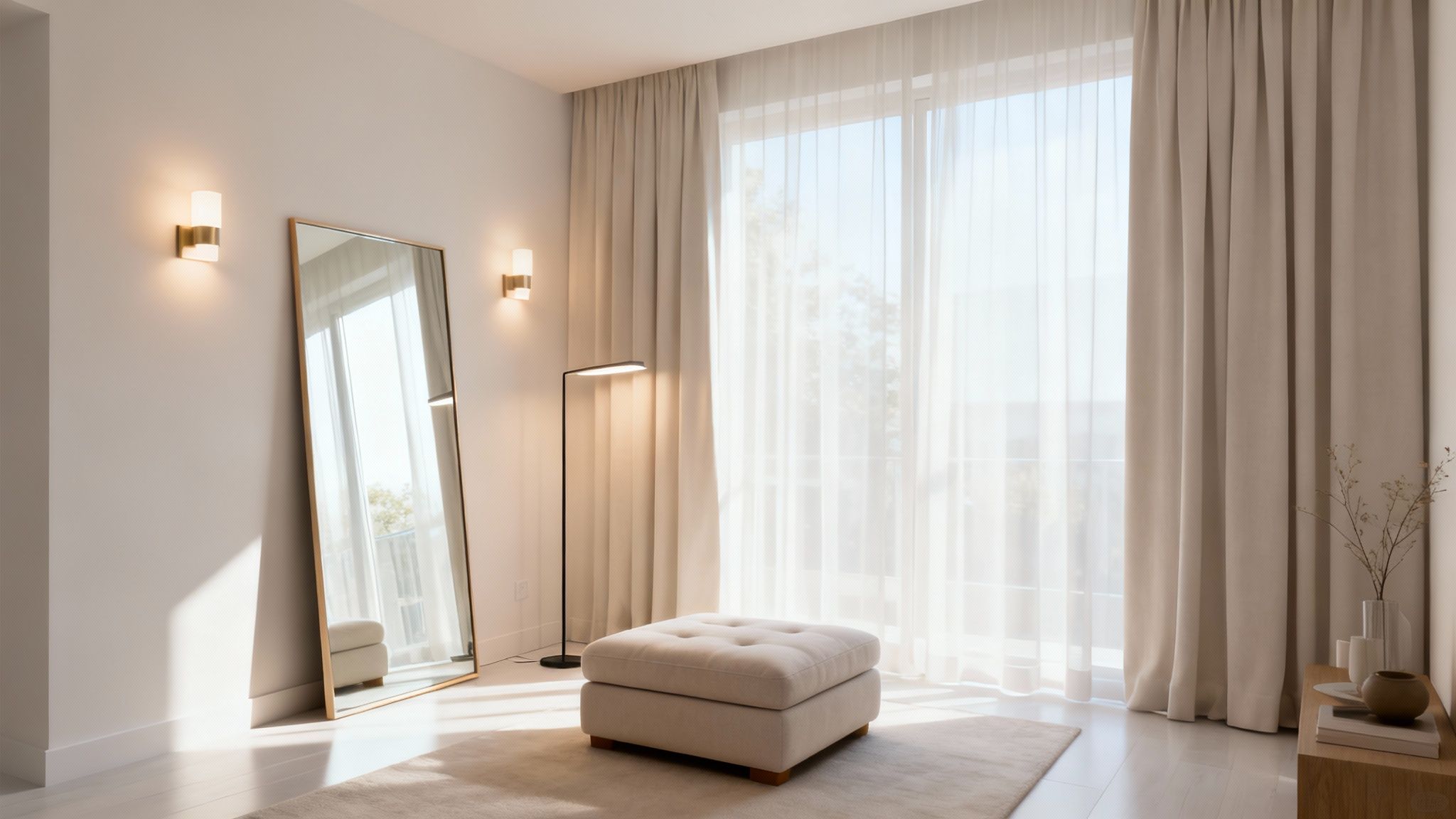 A small, well-organised living room with comfortable seating and natural light.