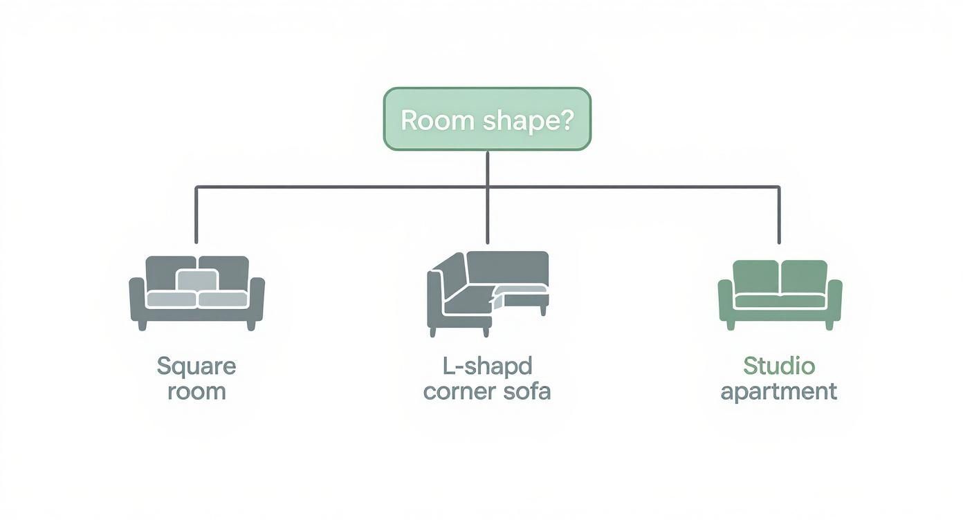 Infographic decision tree showing how to choose a sofa based on room shape: a square room leads to a modular sofa, an L-shaped room to a corner sofa, and a studio to a sofa bed.