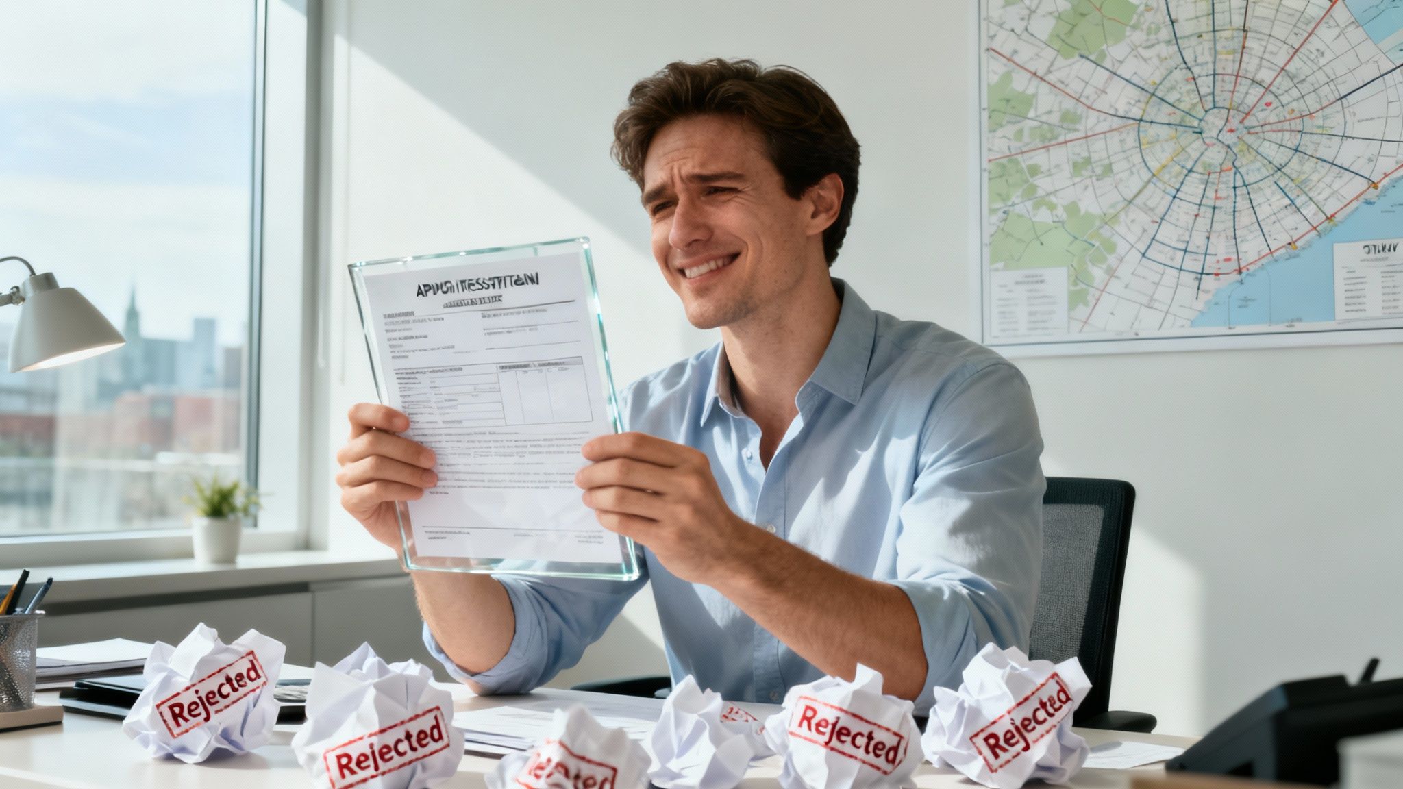 A person looking concerned while reviewing paperwork, illustrating the stress of business registration mistakes.